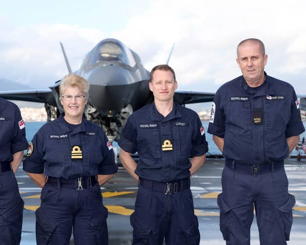 Left to right are Lt Cdr Young, Lt Cdr Church, Lt Livesey and AB Robert Paul ‘Dicky’ Dyke on board HMS Queen Elizabeth.