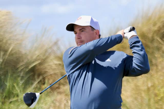 Rowlands Castle’s Tom Robson tees off at the 10th the South East League South Division match against Sussex, at Hayling. Picture by Andrew Griffin