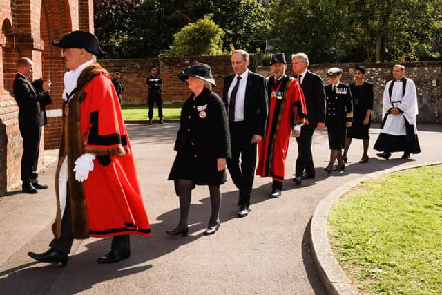 Pictured is: Mayor of Fareham, Councillor Mike Ford & Lady Mayoress Anne Ford (Wife) with Suella Braveman, Home Secretary (2nd Left) arriving for the Thanksgiving service.

Picture: Keith Woodland (180921-34)
