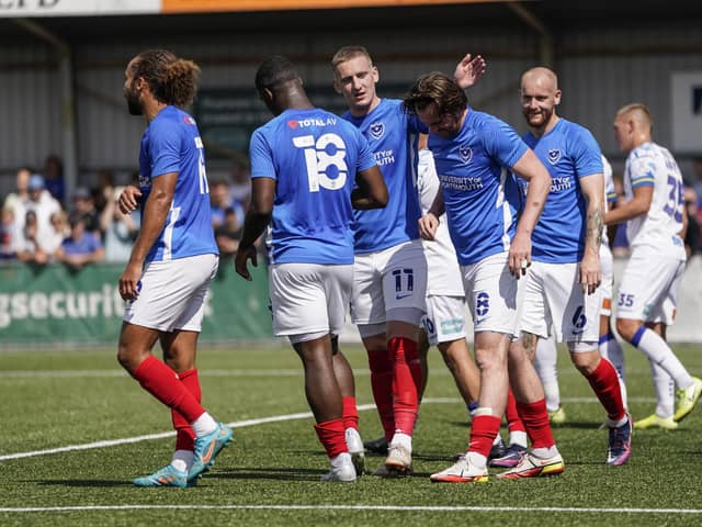 Goal, Portsmouth midfielder Ryan Tunnicliffe scores, Portsmouth 1-0 Havant and Waterlooville during the Pre-Season Friendly match between Havant & Waterlooville FC and Portsmouth at Westleigh Park, Havant , United Kingdom on 2 July 2022.