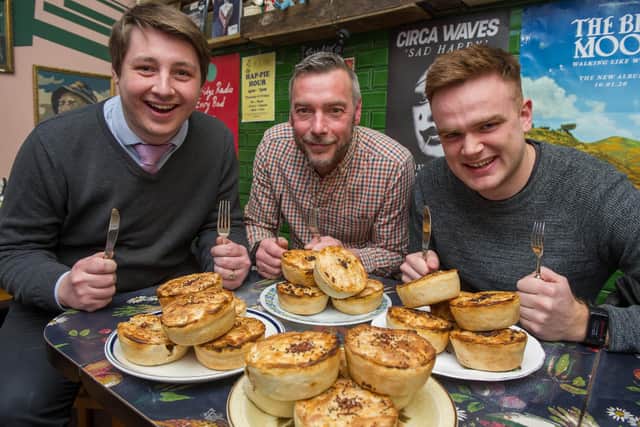 Pie & Vinyl will be opening for takeaway, but not for table service. From left, customers David George, Gary Cawte and Matt Beacham. Picture: Habibur Rahman