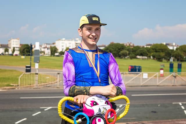 Guinness world record holder Harley Salter during his journey from Clarence Pier to South Parade Pier in 2021. Picture: Mike Cooter (210721)