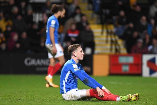 Ronan Curtis shows his disappointment after seeing another chance go begging for Pompey in the goalless draw at Cambridge United. Picture: Dennis Goodwin/ProSportsImages