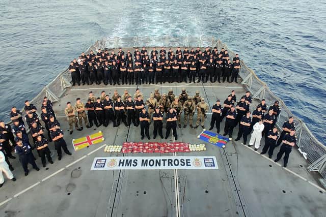 5 MAY 2022

Royal Navy frigate HMS Montrose has interdicted a stateless dhow whilst on patrol in support of Combined Task Force 150 in the Middle East.

The Duke-class Type 23 frigate seized 90kg of heroin with an estimated UK street value of £1.8m.

CTF 150 is one of four task forces operated by Combined Maritime Forces, a coalition of 34 nations headquartered in Bahrain committed to maritime security and stability in the Middle East.

Photographer: Lt Cdr Jones