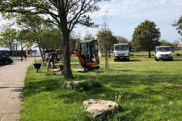 Portsmouth City Council carries out work to shore up defences around Southsea Common following a breach by travellers.