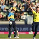 Hampshire's Brad Wheal celebrates after taking the wicket of Alex Davies. Photo by David Rogers/Getty Images