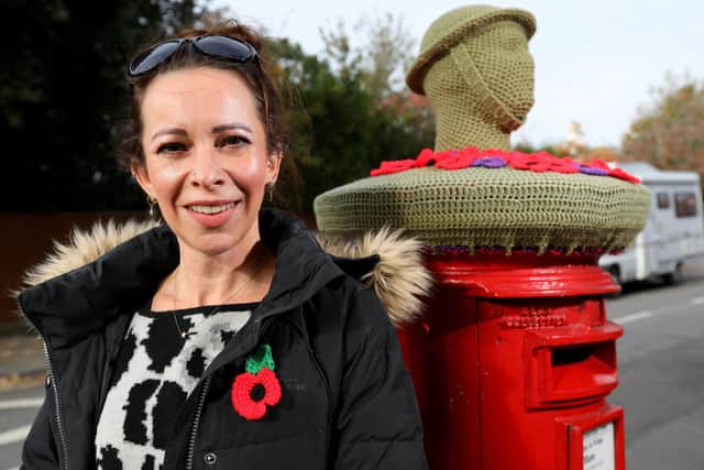 Nicky Stoneman with her crocheted post box 'topper' on a Remembrance theme, Burrill Avenue. Picture: Chris Moorhouse   (jpns 081121-18)