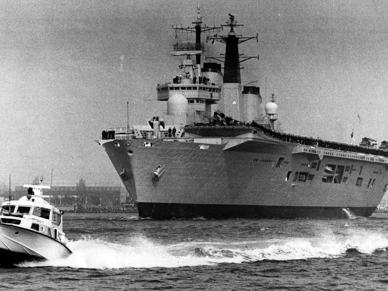 HMS Invincible leaving Portsmouth for Falklands in 1982. The News PP4866