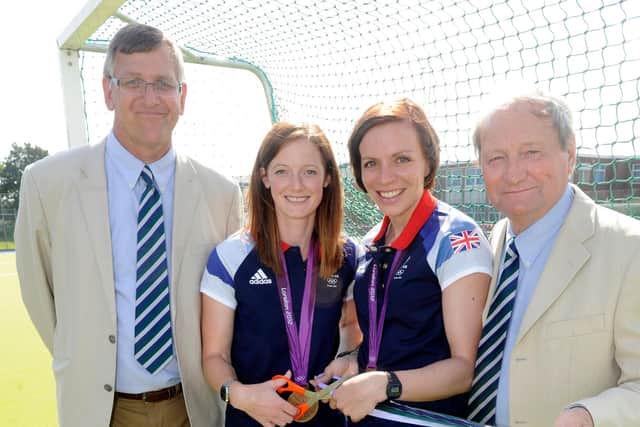 Flashback - Current Havant chairman Chris Pickett, left, with GB internationals Kat Walsh and Helen Richardson and then Havant chairman Bill Jones at the official unveiling of the hockey club's new pitch in September 2012.