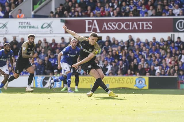 Colby Bishop scores from the spot at Ipswich today.