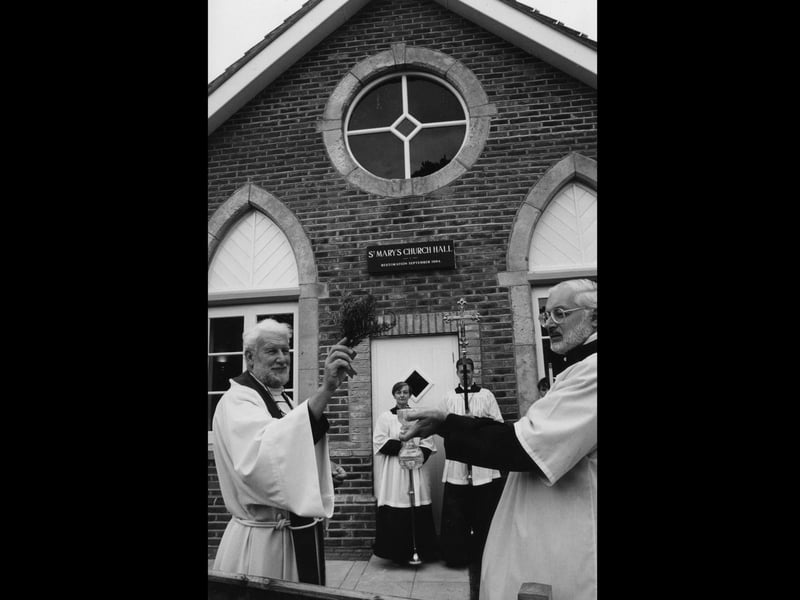 The Rev Royle blesses the new St Mary's Church hall, Hayling assisted by Roger Harrison, Roy Broadhurst, Judith Day and Daniel Gardner in 1994. The News PP4855