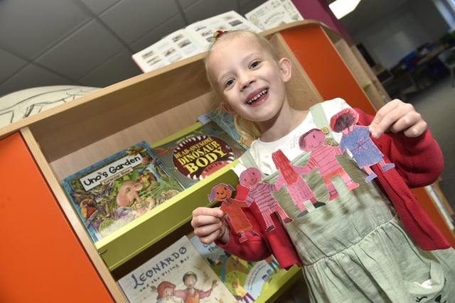 World Book Day at Purbrook Infant School on Thursday, March 2, 2023, with a visit from special guest Portsmouth Football Club player Owen Dale.
Pictured is: Sophie Hughes (6) as the paper dolls.
Picture: Sarah Standing (020323-668)