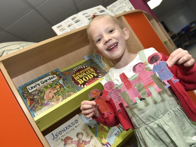 World Book Day at Purbrook Infant School on Thursday, March 2, 2023, with a visit from special guest Portsmouth Football Club player Owen Dale.
Pictured is: Sophie Hughes (6) as the paper dolls.
Picture: Sarah Standing (020323-668)