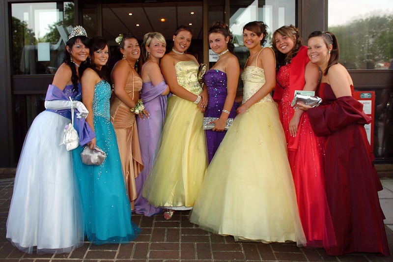 Clara Scotney (16), Becki Sutcliffe (16), Prunella Jones (16), Charlotte Renshaw (16), Katy Tracey (16), Melissa Unwin (15), Kirsty Perry (16), Charlotte Herridge (16), Rhianne Thomas (16) attending St Edmund's Catholic School's prom at The Marriott Hotel in Portsmouth in July 2006. Picture: (062937-71)