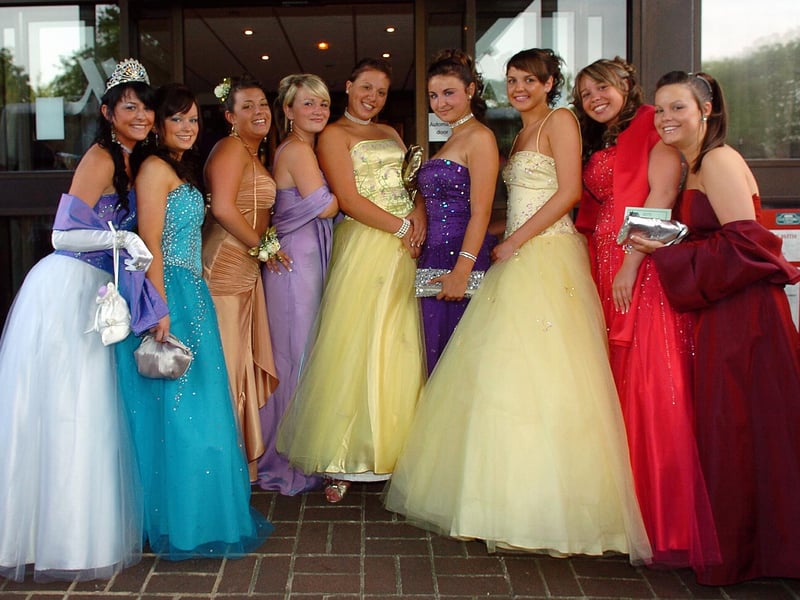 Clara Scotney (16), Becki Sutcliffe (16), Prunella Jones (16), Charlotte Renshaw (16), Katy Tracey (16), Melissa Unwin (15), Kirsty Perry (16), Charlotte Herridge (16), Rhianne Thomas (16) attending St Edmund's Catholic School's prom at The Marriott Hotel in Portsmouth in July 2006. Picture: (062937-71)