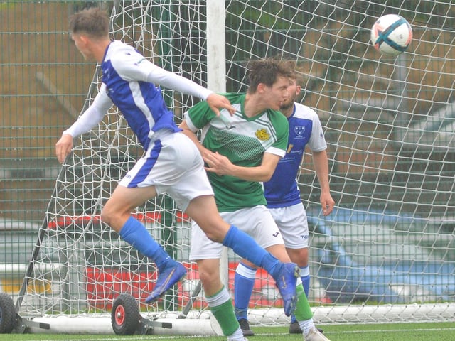 Denmead (blue) v Moneyfields Reserves. Picture by Martyn White