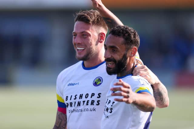 Stefan Payne, right, with Alex Wall after putting Hawks 1-0 up against Billericay. Picture: Alex Shute