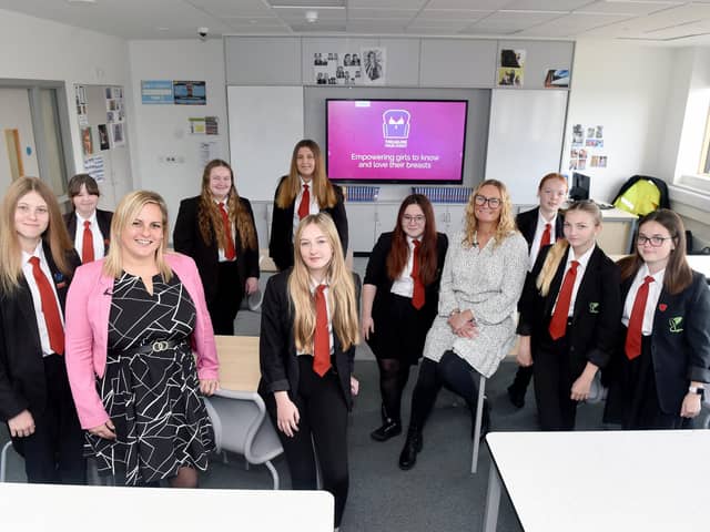 Schools across the UK are being encouraged to sign up to a free initiative which aims to educate young girls on breast health.
Treasure Your Chest is relaunching this October at the end of Breast Cancer Awareness Month, following a hugely successful pilot scheme. The News, Portsmouth joined one of the lessons at Park Community School in Havant. Back from left, Evie Jennings, 14, Fern Bream, 14, Scarlet Young-Evans, 14, Professor Joanna Wakefield-Scurr from the University of Portsmouth and front from left, Shelby Mitchell, 15,  assistant headteacher Laura Cavanagh, Connie Layton, 14, Maya-Rose Bull, 14, and Shailey Collins, 14
Picture: Sarah Standing (311022-5103)