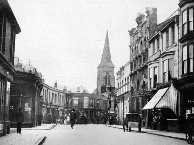 An Edwardian Southsea scene looking west along Marmion Road from Victoria Road South. First left is Lennox Road North. Undated