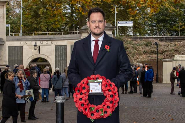 Stephen Morgan MP attended the Rememberence Service on Thursday Morning, laying a wreath at the Portsmouth Cenotaph. Photos by Alex Shute