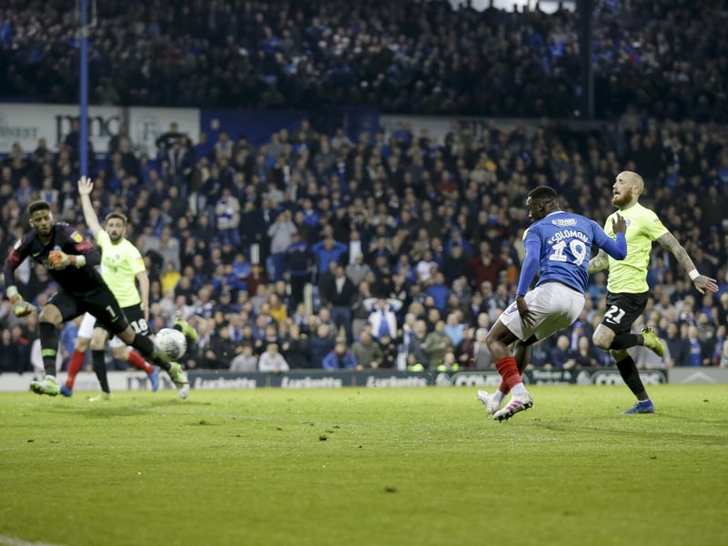 In the penultimate match of the 2018-19 season, third-placed Pompey had to beat Peterborough at Fratton Park to maintain their automatic promotion challenge. With the game poised at 2-2, Brett Pitman broke down the right-hand channel and, with just the keeper to beat, unselfishly squared for Viv Solomon-Otabor to slot into an empty net to give the Blues the lead. However, it was rightly ruled out for offside - and minutes later Ivan Toney grabbed the winner for Peterborough. Picture: Robin Jones.