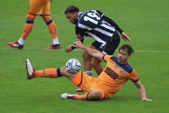 Hawks in action during their 3-0 FA Cup win at Bath City last month - next Tuesday's league meeting at Twerton Park is in doubt due to the Romans' Covid positive tests. Pic: Kieron Louloudis.