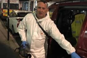 Jim Gildea is working 16-hour days with his company Total Trauma Cleaning carrying out infection prevention control cleans for Covid-19 during the coronavirus outbreak. Pictured at a job in England on March 22 cleaning ventilators and beds at a makeshift intensive care unit. The images are not of Queen Alexandra Hospital in Cosham.

Pictured: Jim Gildea