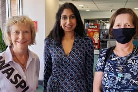 Solent WASPI members Kathryn Rimmington (right) and Shelagh Simmons at a previous meeting with Fareham MP and Home Secretary Suella Braverman