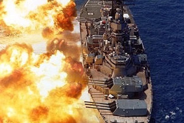 USS Iowa firing a practice broadside of all 9x16inch guns.