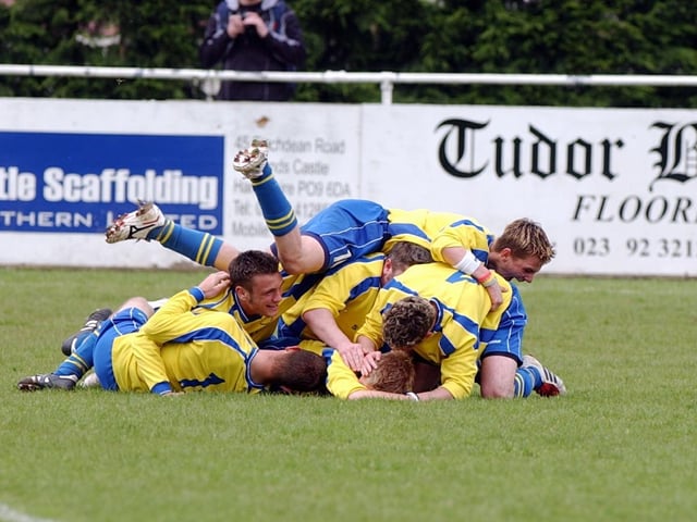 AFC Dynamos celebrate victory in the Gosport and Fareham League's Fareham Town Supporters' Cup Final in May 2005.