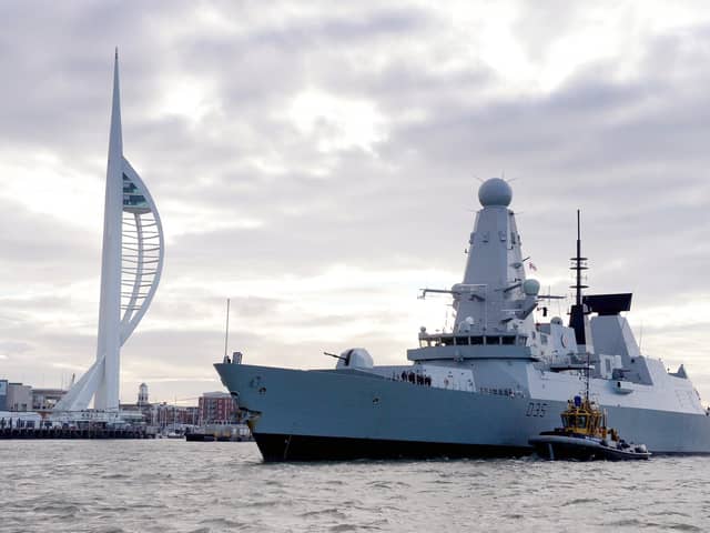 HMS Dragon pictured returning to Portsmouth where she is receiving a major upgrade to her engines.
