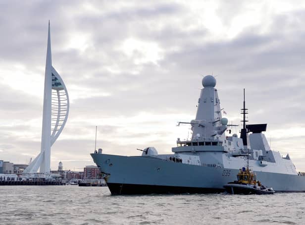 HMS Dragon pictured returning to Portsmouth where she is receiving a major upgrade to her engines.