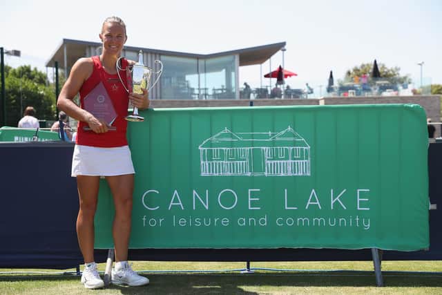 Kirsten Flipkins of Belgium after her victory over Katie Boulter in the 2018 Southsea Trophy at Canoe Lake Leisure. Photo by Christopher Lee/Getty Images for LTA.