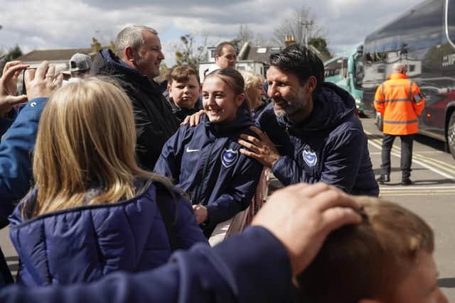 Danny Cowley greets Pompey fans at Cheltenham in April 2022 ahead of a 1-0 defeat. Picture: Jason Brown/ProSportsImages