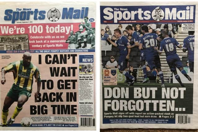 Left - The Sports Mail celebrates its centenary, September 2003. Right - MK Dons 2 Pompey 2, League One, October 2012 - the first 'last ever' Sports Mail. The paper returned the following August.