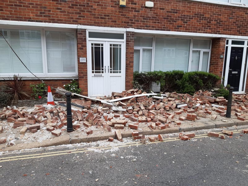 Rubble on the pavement.
