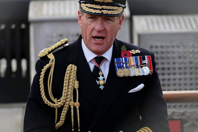 Admiral Sir Ben Key pictured walking on board HMS Victory where he was formally appointed as the new First Sea Lord.