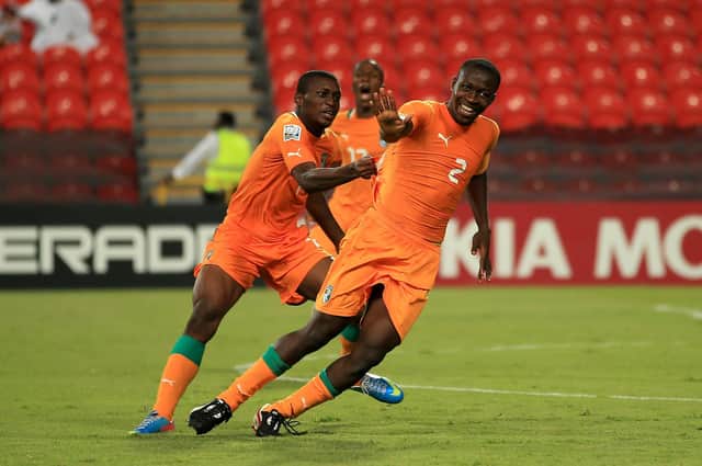 Moussa Bakayoko, right, celebrated scoring for Ivory Coast against New Zealand in the 2013 under-17 World Cup. Picture: Richard Heathcote - FIFA/via Getty Images.