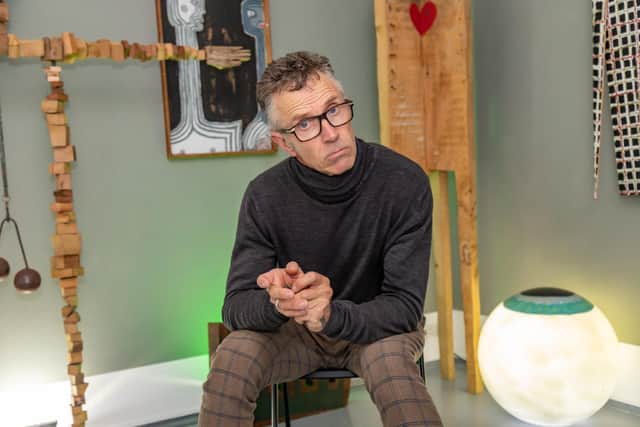 Ian Parmiter said his exhibition explains his personal strategies of coping with Parkinson's disease and keeping himself from 'falling out of a hole'. Picture: Mike Cooter (081022).