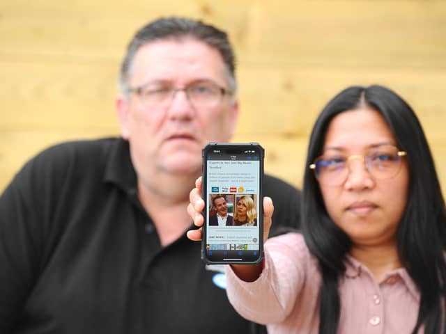 Tony Johnson (57) and his wife Eloisa (45) from Paulsgrove, was scammed out of thousands of pounds following a social media scam. The Facebook advert said investors could double or triple their investments and used Martin Lewis as the head of it. Picture: Sarah Standing (180523-4859)