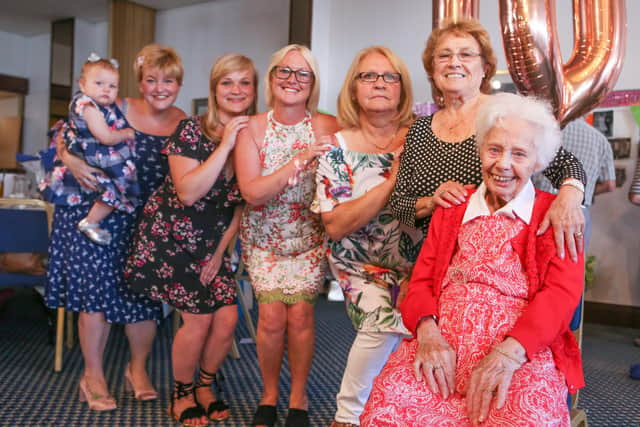 Marge Dunaway celebrates her 100th birthday with five generations of her family - Lyra one, Charlie Elkins, Eithne Widly, Helen Dowdle, Margaret Rand and Ena Elkins