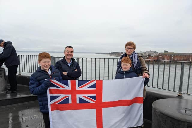 Rich Harris (second from left) watched the ship - captained by his wife lieutenant commander Claire Thompson - arrive in Portsmouth. Helen Ayres (far right), joined by her sons Joe and Ben, was there to support her husband lieutenant commander Oli Ayers who was also onboard the HMS Montrose as its executive officer.