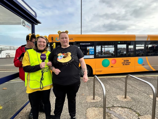 Rachel Street, bus driver and Katie Martin, presenter at BBC Radio Solent, participating in the three-legged challenge