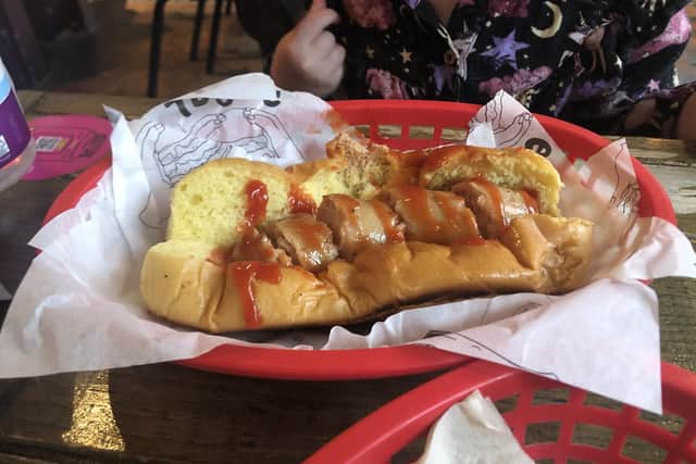The ball park hotdog at 7bone (cut up for the three-year-old)