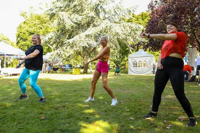 From left - Jess Percival, Sarah McGuiness and Gemma Locans work out in the physical zone. Picture: Chris Moorhouse