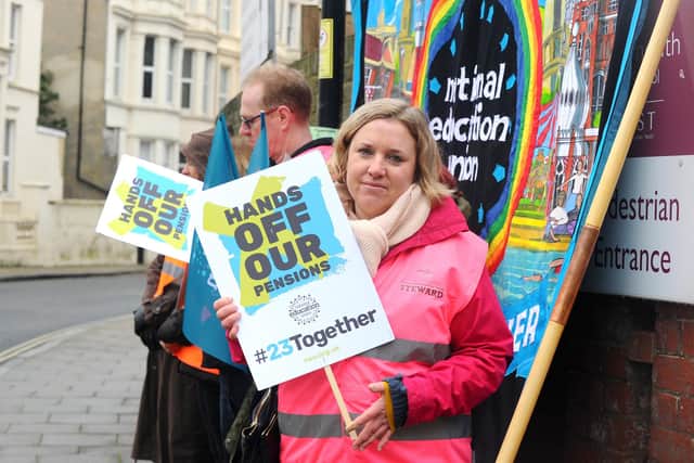 Teachers from Portsmouth High School in Southsea, staged their second set of strikes over an industrial dispute with the educational trust that runs the school. Picture: Sarah Standing (010322-)