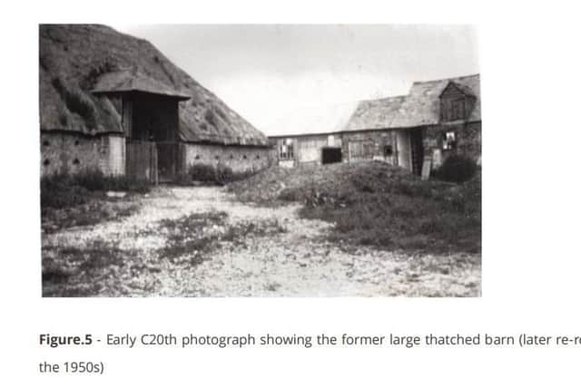 Early 20th century photograph showing former large thatched barn with clay tiles until 1950 . Picture: De Courc