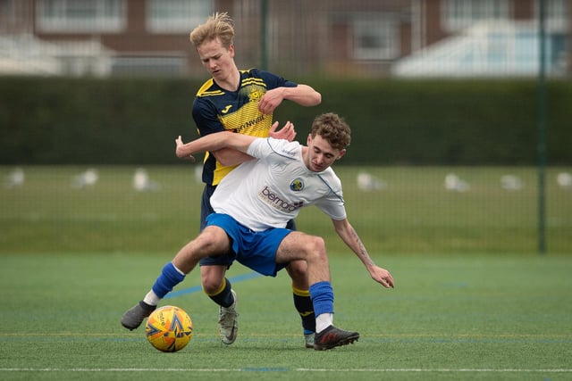 Action from Moneyfields U18s' 9-1 win at home to Hawks Community Youth U18s (white shirts) in the Hampshire Development League Under-18 Division East. Picture: Keith Woodland (120321-1108)