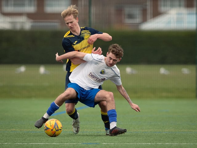 Action from Moneyfields U18s' 9-1 win at home to Hawks Community Youth U18s (white shirts) in the Hampshire Development League Under-18 Division East. Picture: Keith Woodland (120321-1108)