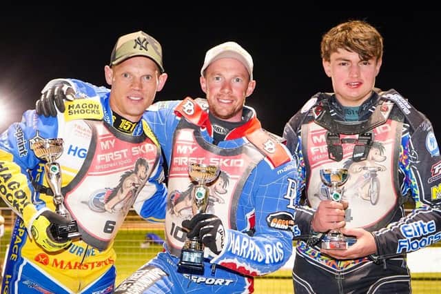 Island Masters series round two A final winner James Wright, centre, second-placed Edward Kennett, left, and third-placed Chad Wirtzfeld. Picture: Ian Groves